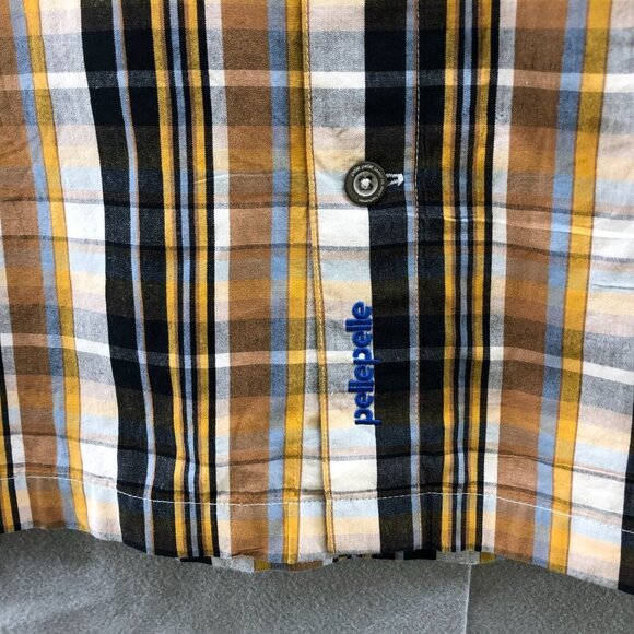VTG Pelle Pelle Short Sleeve Shirt Mens L Button Up Brown Tan Plaid Pocket Front - Picture 7 of 12